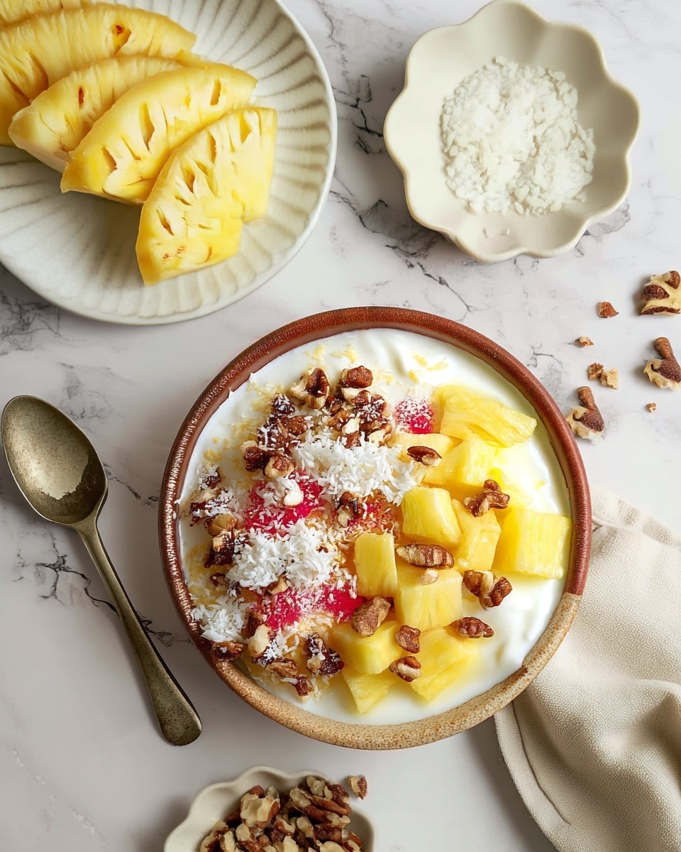 A bowl with a dessert showing about three layers: the bottom layer is a creamy white texture, topped with a fluffy white layer that looks like whipped cream or meringue pieces, and the top layer is a mix of yellow pineapple chunks, small red fruit pieces, shredded white coconut, and scattered brown pecan nut bits. Around the bowl, there are small white flower-shaped dishes, one holding chopped pecans and another with white shredded coconut, and a white plate with several yellow pineapple slices. A silver spoon lies on the white marbled surface nearby with a beige cloth napkin on the side. Photo taken with an iphone --ar 4:5 --v 7