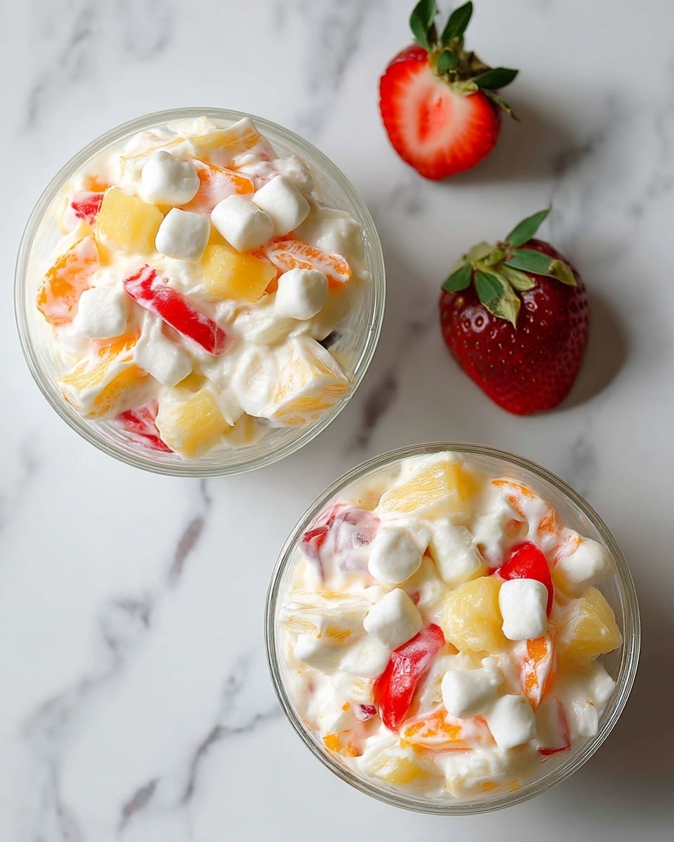 A clear glass bowl filled with a fruit salad layered with white creamy dressing. The fruit pieces include bright orange segments, light yellow pineapple chunks, and red strawberry slices, all mixed evenly with soft white marshmallows and whipped cream. The bowl sits on a white marbled surface and a fresh red strawberry is placed near the bowl on the right side. Photo taken with an iphone --ar 4:5 --v 7