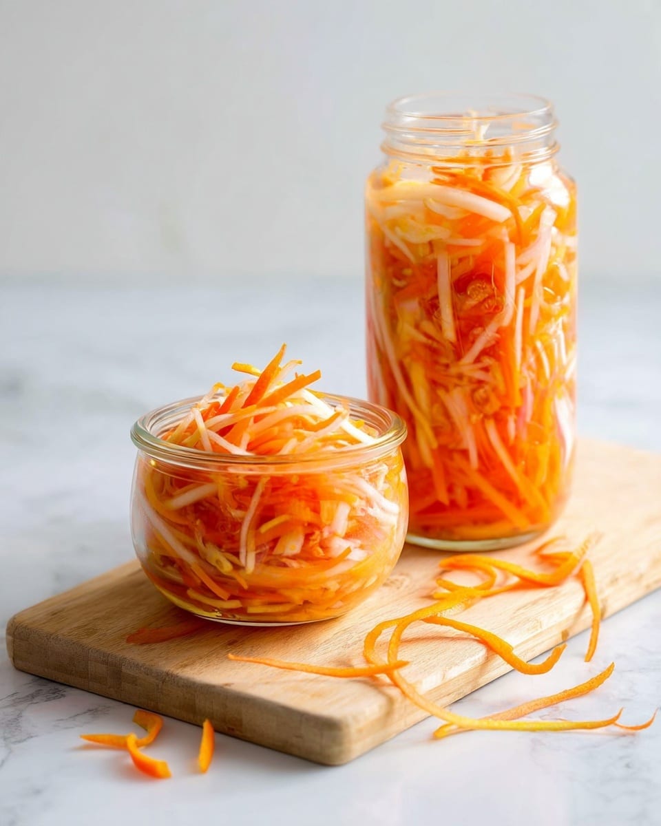 Two glass jars filled with thin, long strips of pickled vegetables, mainly orange and white, sit on a light wooden board. The smaller jar on the left is round and squat, packed tightly with the orange and white strips mixed evenly. The larger jar on the right is taller and cylindrical, overflowing slightly with the same thin vegetable strips inside. Some loose vegetable strips and peels lie casually on the white marbled surface around the board, adding a fresh, homemade feel to the scene. The background is plain and bright, keeping all focus on the jars. photo taken with an iphone --ar 4:5 --v 7