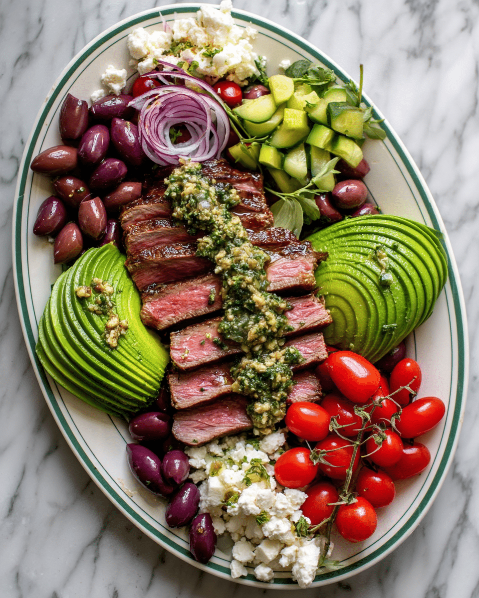 The dish is presented on a large white oval plate with green stripes along the edge, placed on a white marbled surface. In the center, there are thick slices of medium-rare steak topped with a chunky green herb sauce. To the left and right of the steak are two halves of bright green avocado, fanned out neatly. Surrounding the steak and avocado are clusters of deep purple olives, small round cherry tomatoes still on the vine, thinly sliced red onions, chopped cucumber, and dollops of white crumbly cheese. The colors are vibrant, and the textures range from the creamy avocado to the juicy tomatoes and firm steak, making the dish look fresh and appetizing. Photo taken with an iphone --ar 4:5 --v 7