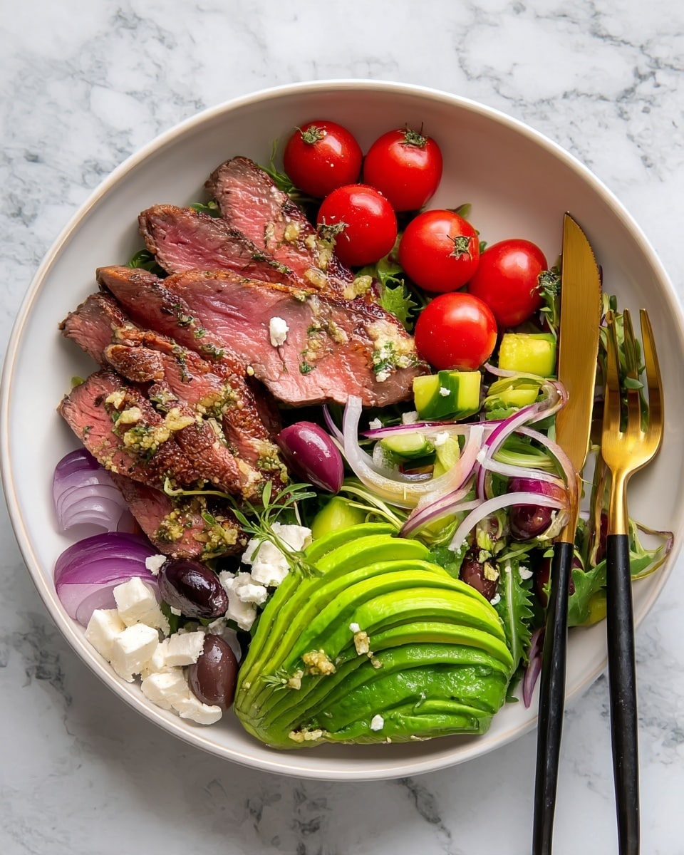 The dish is arranged in a white bowl on a white marbled surface, featuring four main sections. At the top left, there are three slices of medium-rare steak with a pink center and browned edges, sprinkled with herbs. To the right of the steak, a small cluster of bright red cherry tomatoes on the vine rests next to mixed greens and thin slices of red onion, with dark purple olives scattered throughout. At the bottom right, there is a sliced avocado fan with vibrant green layers, slightly glossy. In the center and close to the steak, small chunks of cucumber and crumbled white cheese are mixed with herbs, adding green and white spots. Black and gold cutlery is laid on the right edge of the bowl, near the avocado. Photo taken with an iphone --ar 4:5 --v 7