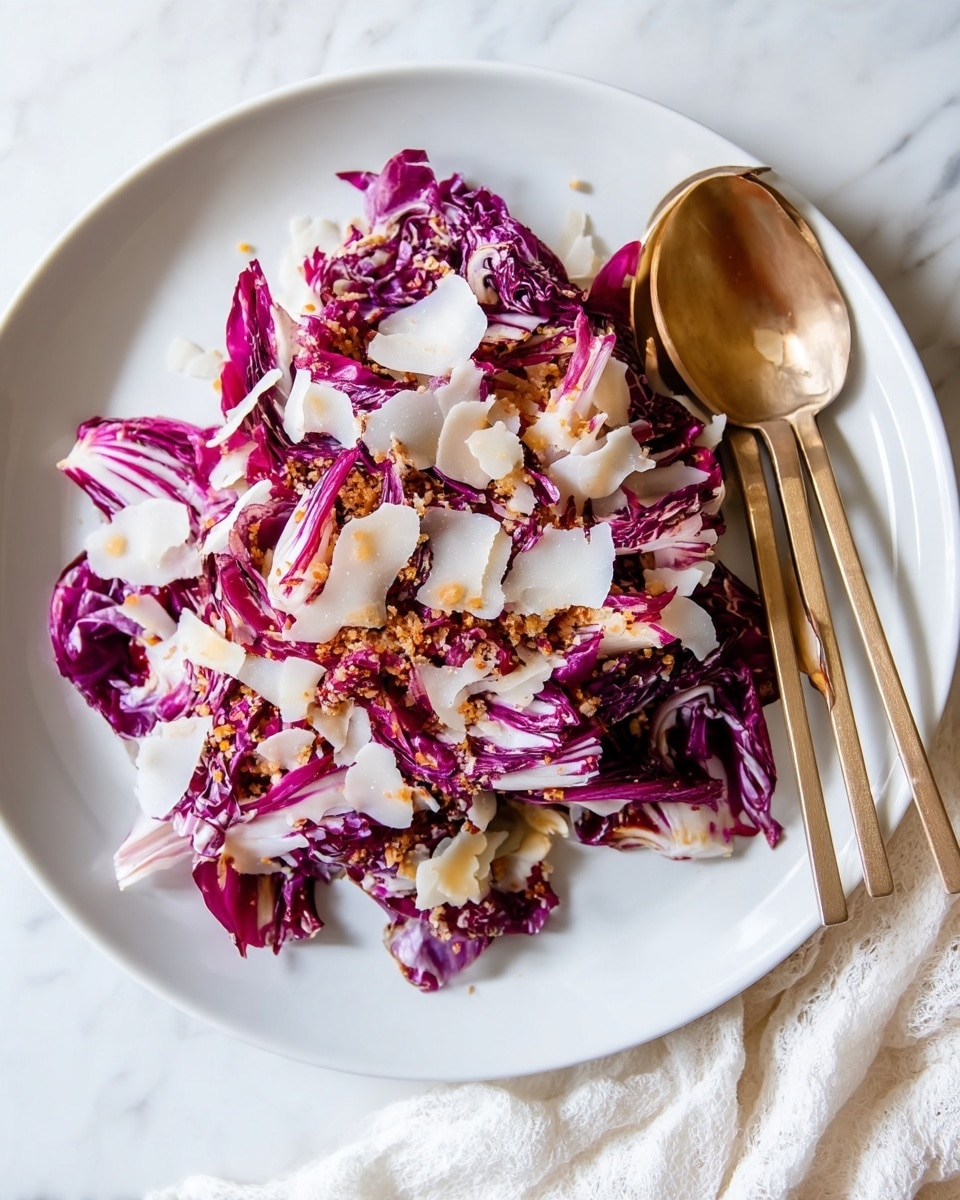 The dish shows a white round plate filled with a salad that has three main layers: the bottom layer is made of curled purple and white radicchio leaves with a crisp texture; the middle layer has light brown, fine crunchy crumbs spread evenly; the top layer consists of thin, off-white shaved flakes scattered irregularly over the salad. A gold fork and spoon rest on the right side of the plate, and the plate sits on a white marbled surface with a light-colored fabric visible in the bottom right corner. Photo taken with an iphone --ar 4:5 --v 7