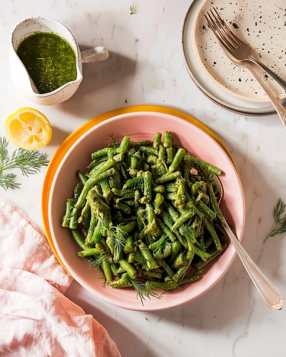 A white bowl filled with green beans cut into small pieces, coated in a grainy green sauce with a few dill sprigs scattered on top. The bowl sits on an orange plate, both placed on a white marbled surface. To the left, there is a small white pouring dish with green sauce inside and a half lemon. In the upper right corner, a white speckled plate holds two silver forks. A silver spoon rests inside the bowl on the right side, partially submerged in the beans. A soft pink cloth is draped in the lower left corner. Photo taken with an iphone --ar 4:5 --v 7