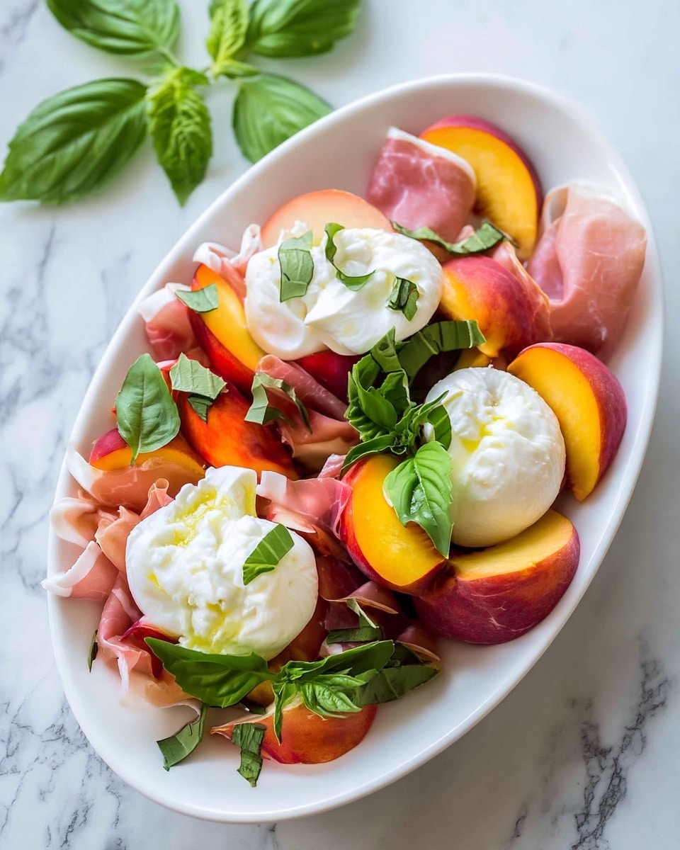 A close-up of a white oval bowl filled with a colorful salad featuring three soft white balls of burrata cheese as the top layer. Underneath the cheese, there are ripe peach slices with bright orange and red skin, layered over thin folds of pink prosciutto. Fresh green basil leaves are scattered on top and around the cheese, peaches, and meat, adding vibrant color and texture contrast. The bowl is placed on a white marbled surface with some loose basil leaves nearby. The photo taken with an iphone --ar 4:5 --v 7