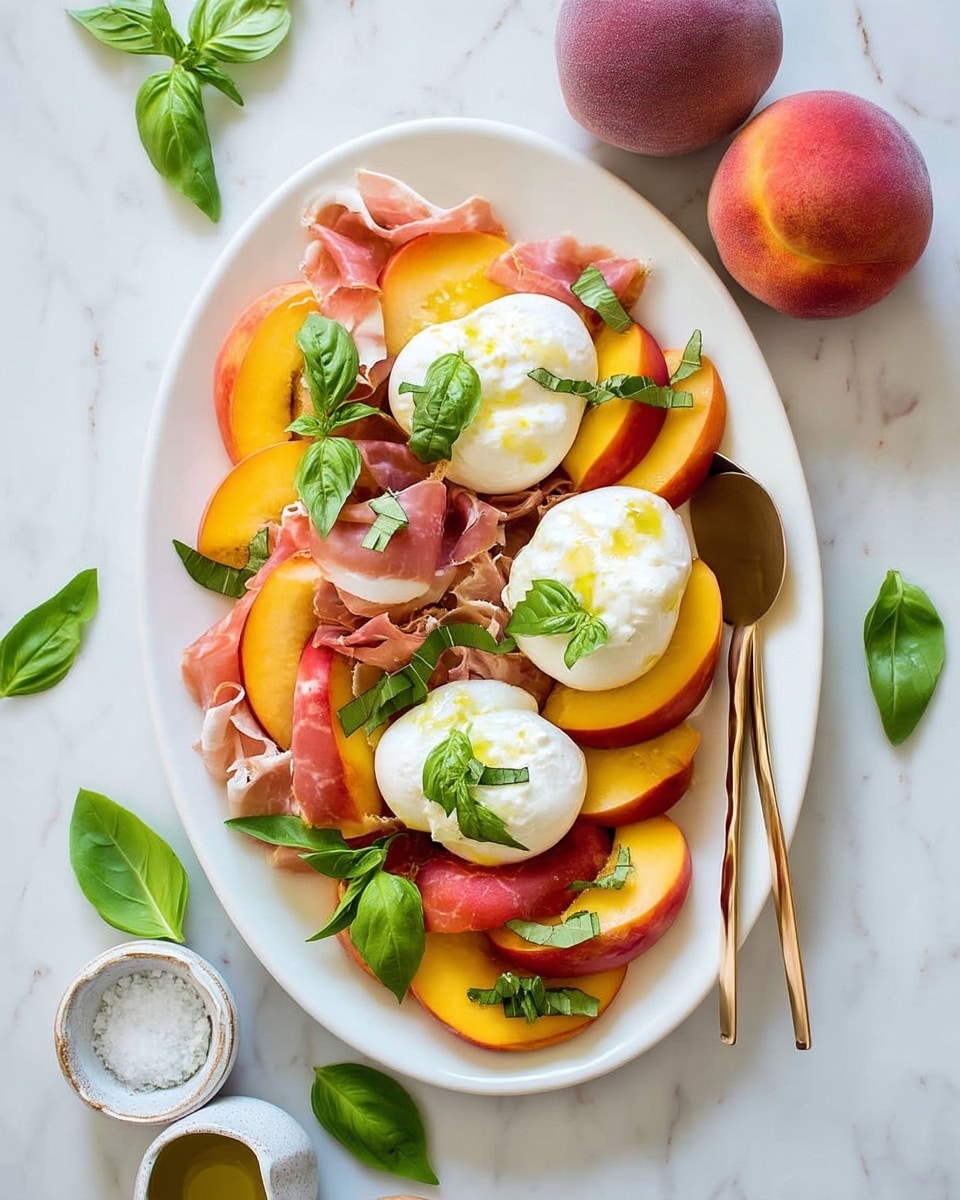 On a white oval plate, there are three layers of food arranged: first layer is slices of yellow and red peaches spread across the plate, second layer is thin slices of pink prosciutto meat loosely folded over the peach slices, and the third layer is three balls of white burrata cheese placed evenly on top, each ball topped with fresh green basil leaves. The burrata has a soft, creamy texture with a bit of olive oil drizzled on it. Two gold spoons rest on the right side of the plate. The plate sits on a white marbled surface with scattered basil leaves and small jars of coarse salt and olive oil nearby. photo taken with an iphone --ar 4:5 --v 7