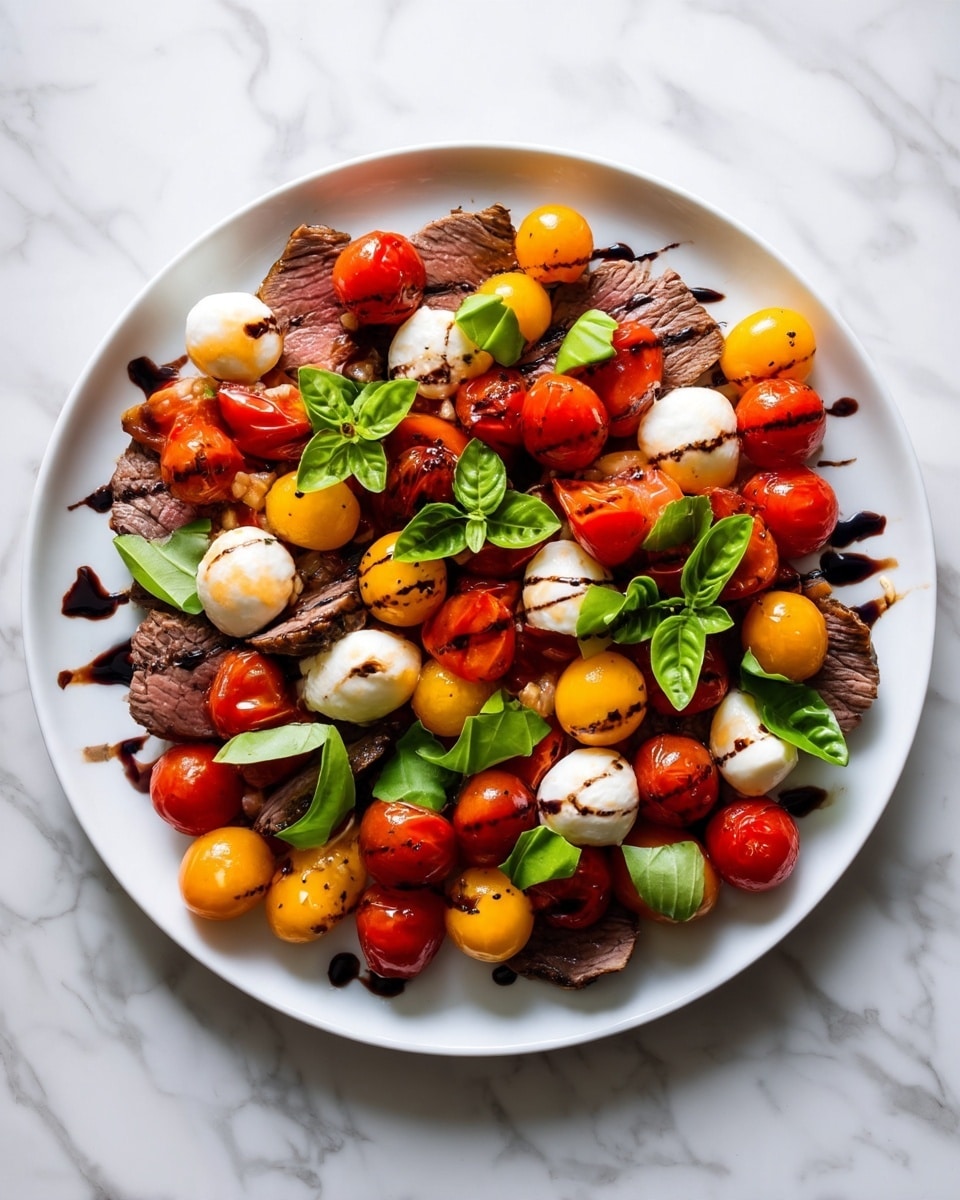 A white plate sits on a white marbled surface, filled with several layers of food. The bottom layer is slices of cooked beef, brown and textured. On top of the beef are roasted cherry tomatoes in red and yellow, soft with a slightly shiny look. Small balls of white mozzarella are scattered among the tomatoes. Fresh green basil leaves are spread all over, adding a bright green color and smooth texture. The dish is lightly drizzled with dark balsamic glaze, creating thin dark lines crossing the ingredients. photo taken with an iphone --ar 4:5 --v 7