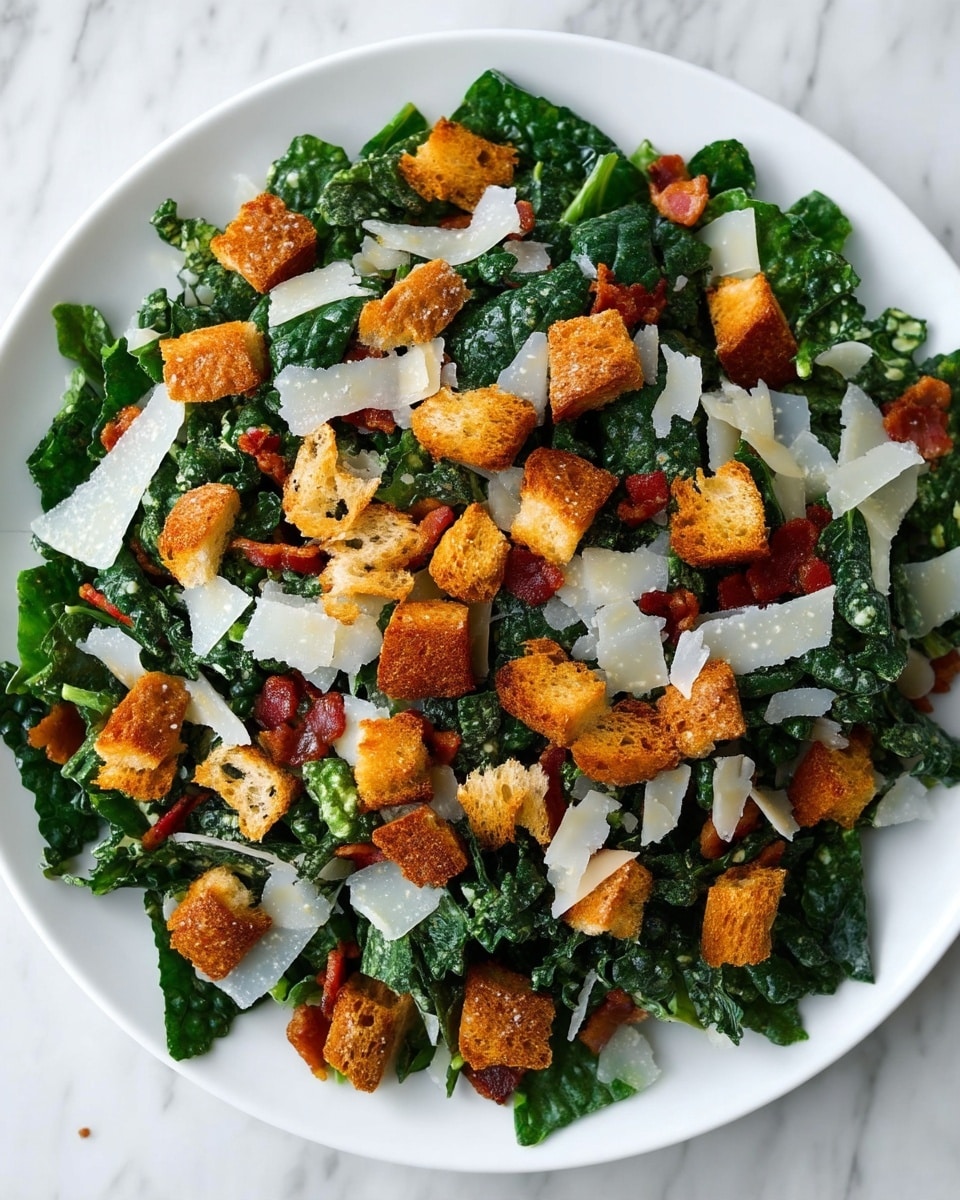A white plate filled with a salad made of dark green kale leaves as the base layer, topped with small crispy golden-brown croutons scattered evenly across the surface. There are thin, large white shavings of cheese spread throughout the salad. Small pieces of reddish-brown bacon bits are sprinkled in between the leaves and toppings. The plate is placed on a white marbled surface, giving a clean and bright background. Photo taken with an iphone --ar 4:5 --v 7