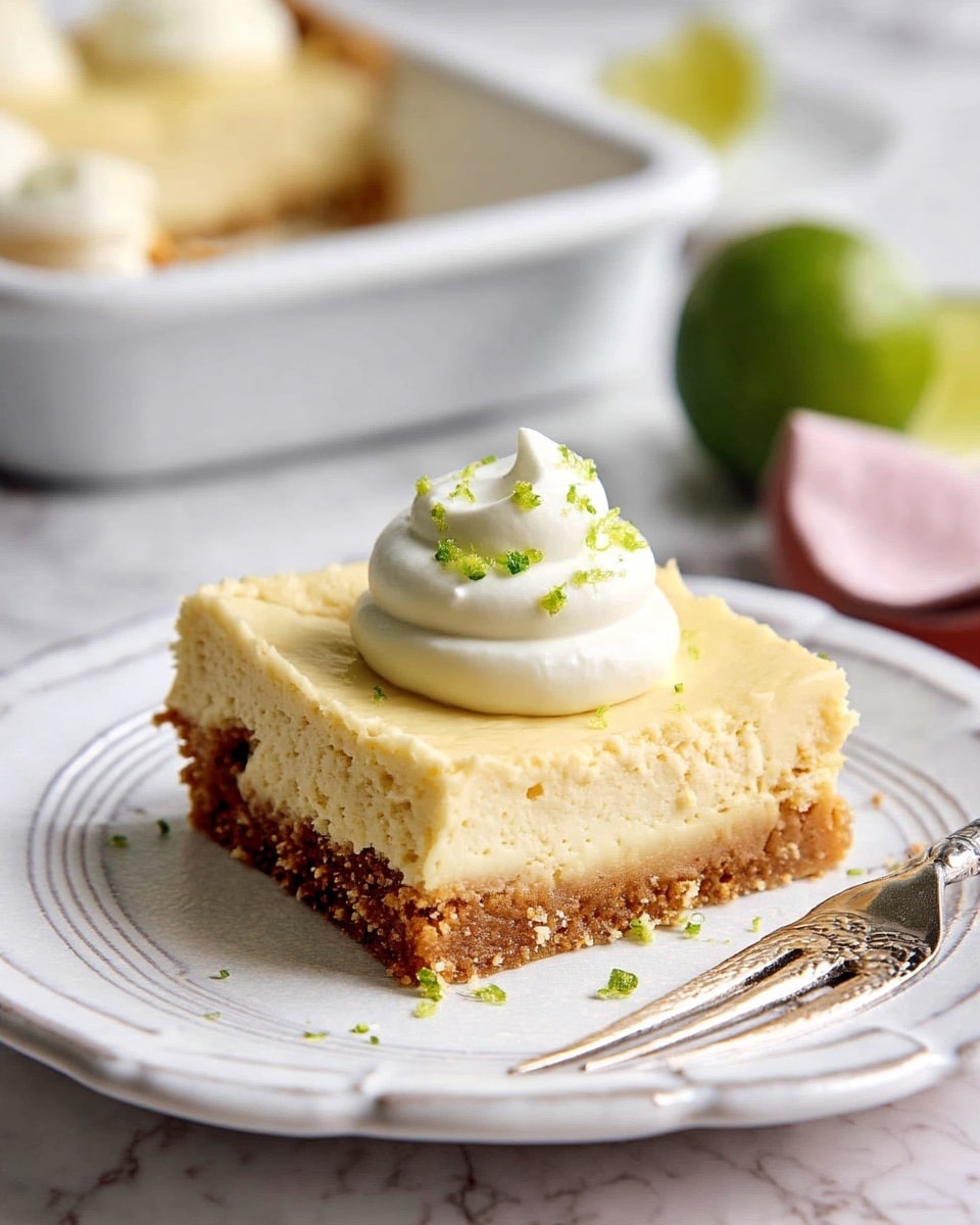 A square piece of pie is shown on a white plate with subtle textured lines around the edge, resting on a white marbled surface. The pie has two visible layers: a brown crumbly crust at the bottom and a thick, smooth creamy pale yellow filling on top. On the middle of the pie slice, there is a dollop of white whipped cream garnished with small green lime zest sprinkles. A silver fork is placed next to the pie on the plate. The background includes a blurred view of a white pie dish with more pie and a partially visible lime. Photo taken with an iphone --ar 4:5 --v 7