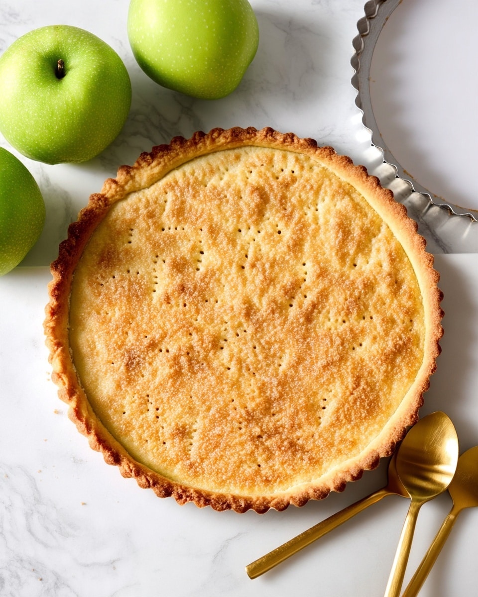 A single-layer golden brown tart with a slightly rough, crumbly texture sits on a thin silver base. The tart's edge is scalloped and has a uniform light to medium brown color that contrasts slightly with the paler center that has small, evenly spaced holes. It rests on a white marbled surface with two gold spoons placed nearby on the left side of the tart. The image has soft lighting with no shadows. photo taken with an iphone --ar 4:5 --v 7