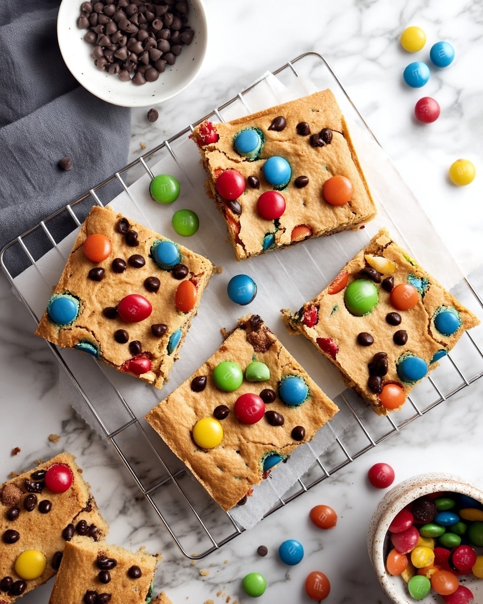 A group of six square cookie bars, each with a golden brown top layer that is slightly cracked and textured, studded with colorful round candy pieces in green, orange, yellow, blue, and red, along with small dark chocolate chips scattered across the surface. The cookie bars are set closely on top of white parchment paper, which lies on a metal rack on a white marbled surface. Around the bars, there are loose chocolate chips and candy pieces, and part of a white cup filled with more candies is visible at the bottom. The overall look is homemade and inviting, with bright colors contrasting the warm cookie base. photo taken with an iphone --ar 4:5 --v 7